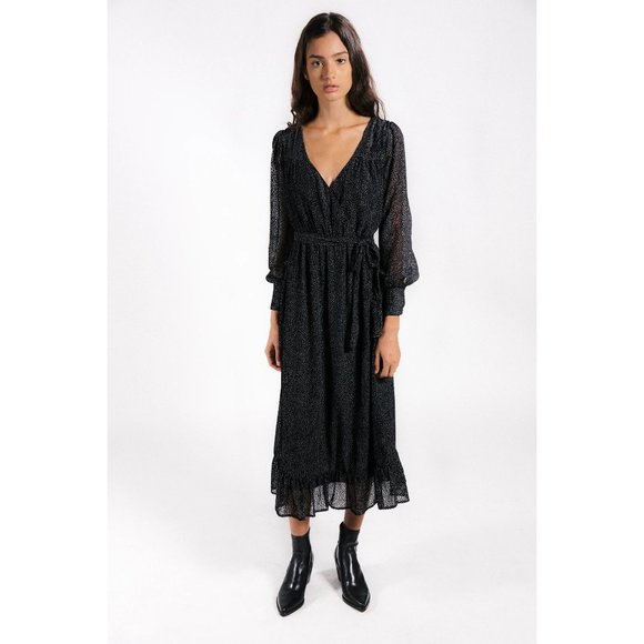 LENON Black Stone Dots Burnout Velvet Surplice Midi 'Rose' Dress sz M Women's - Picture 13 of 13